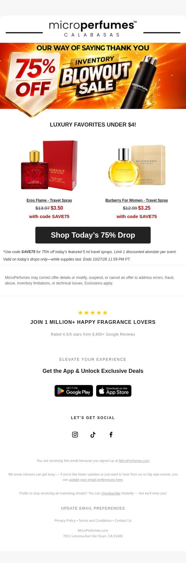 A massive thank you! 75% OFF for you! email from MicroPerfumes screenshot