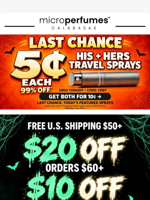 🚨 LAST CHANCE: TODAY'S 5¢ SPRAYS END TONIGHT! email from MicroPerfumes