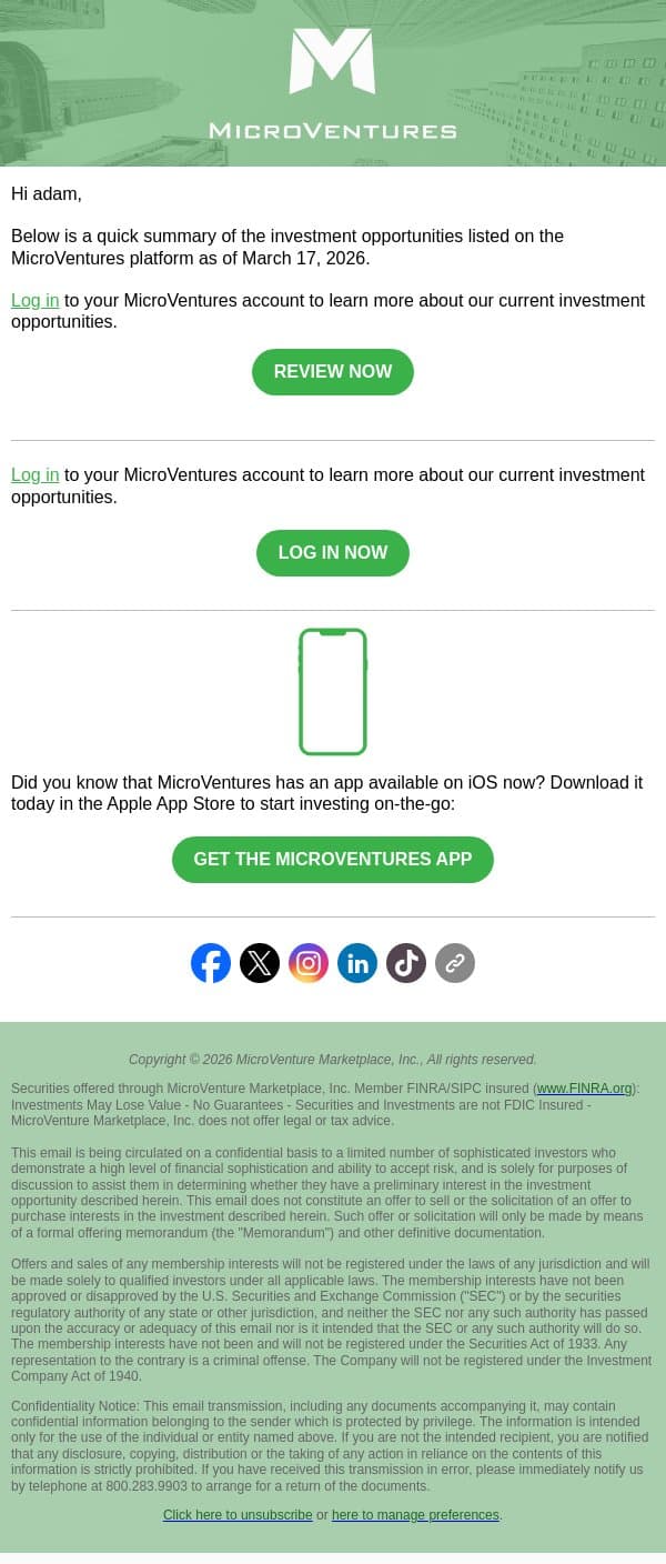 Weekly Recap | March 17, 2026 email from MicroVentures screenshot