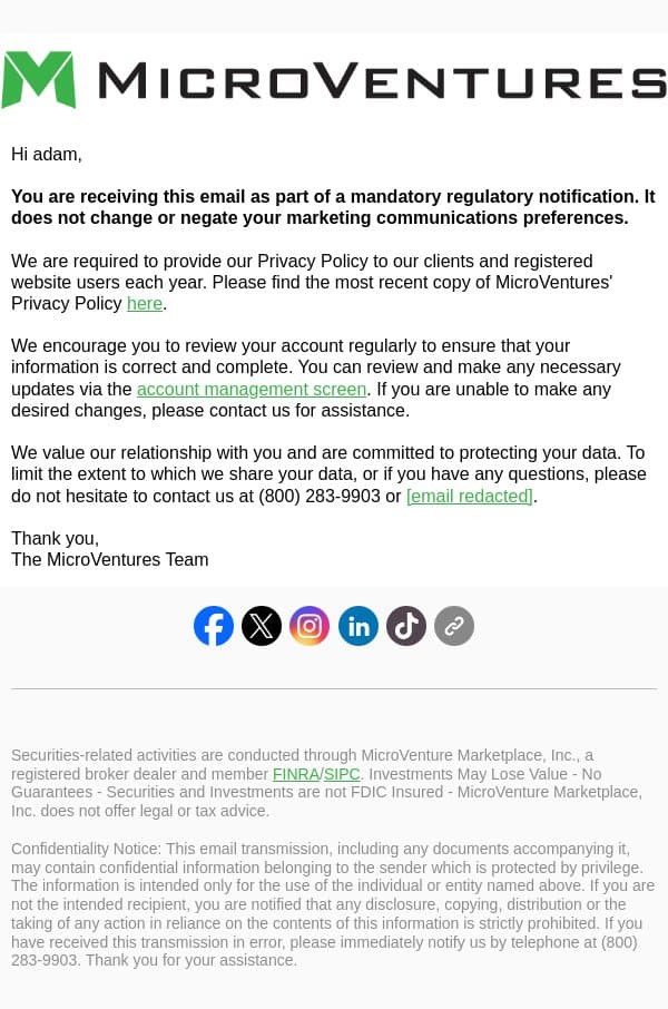 Annual Privacy Notice email from MicroVentures screenshot
