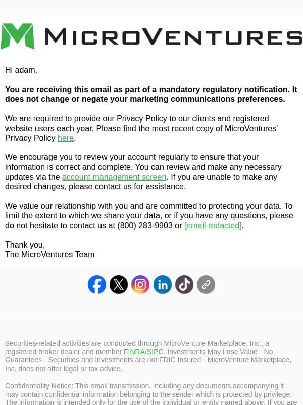 Annual Privacy Notice email from MicroVentures
