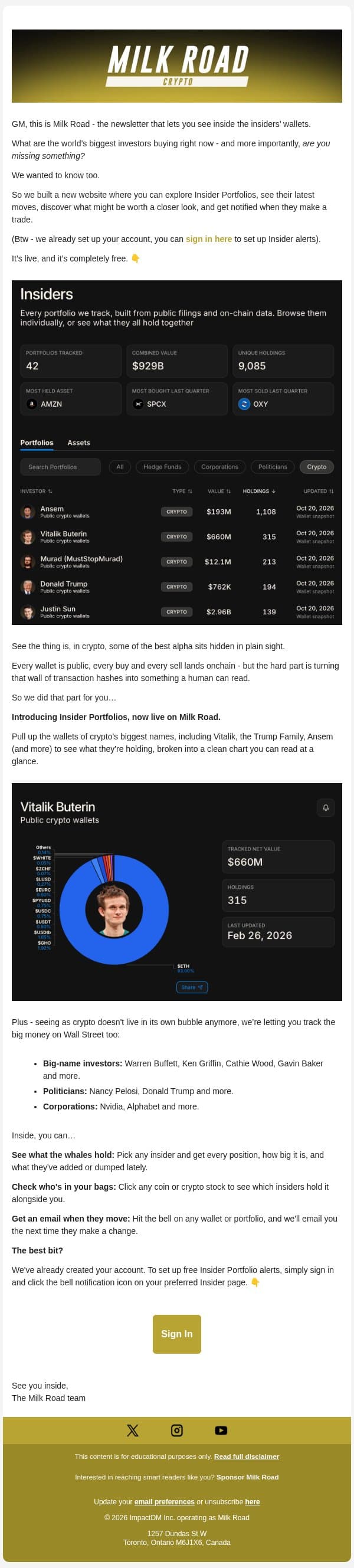 π₯ See what's in Vitalik's wallet π email from Milk Road screenshot