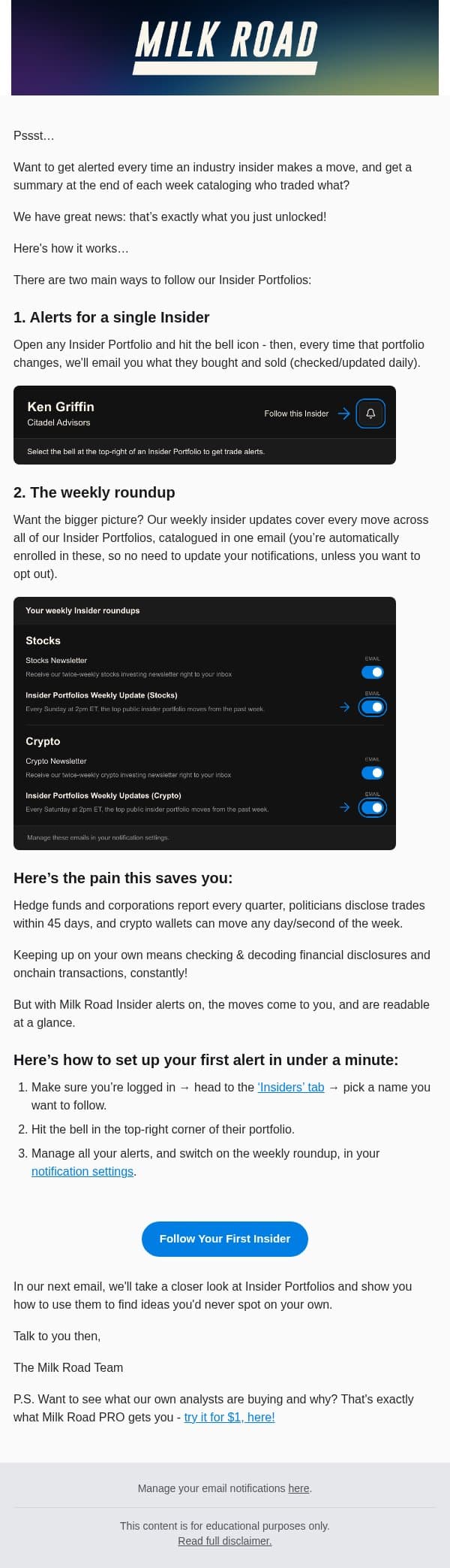 Get alerted when insiders make a move email from Milk Road screenshot