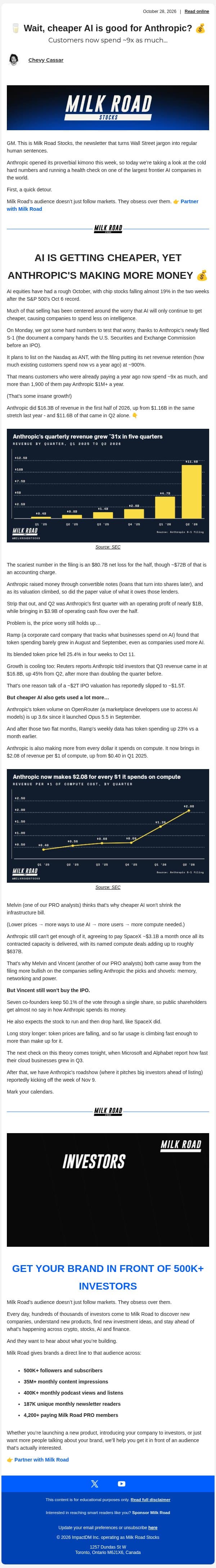 π₯ Wait, cheaper AI is good for Anthropic? π° email from Milk Road screenshot