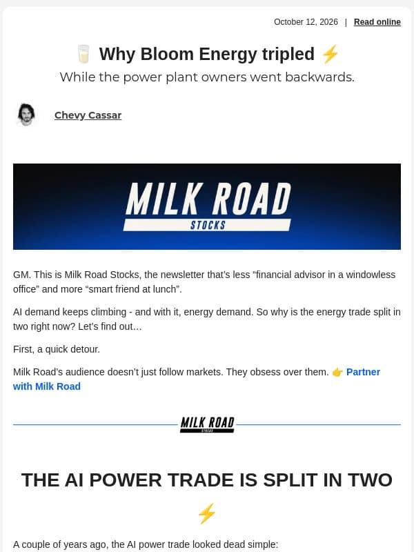 🥛 Why Bloom Energy tripled ⚡ email from Milk Road