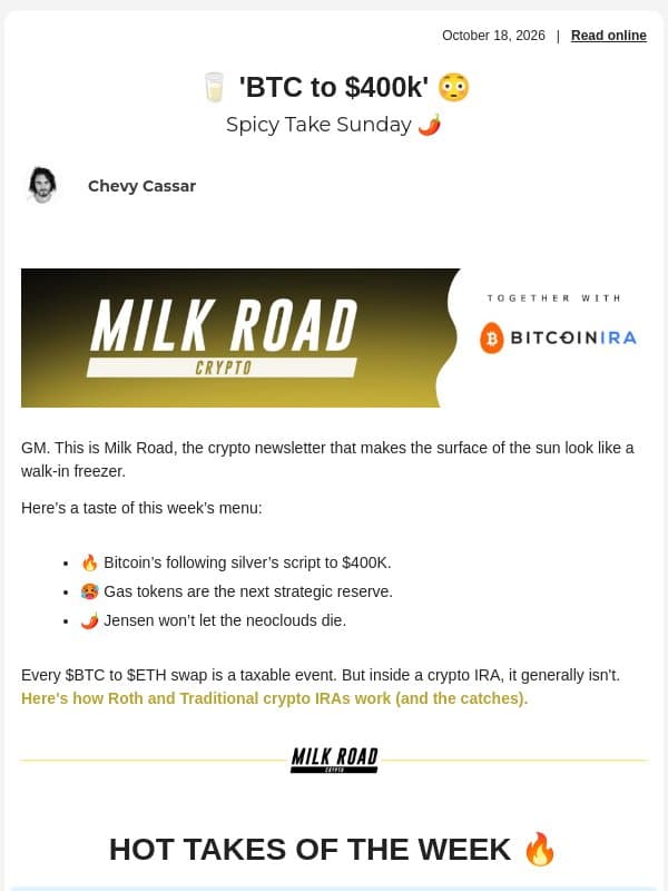 🥛 'BTC to $400k' 😳 email from Milk Road