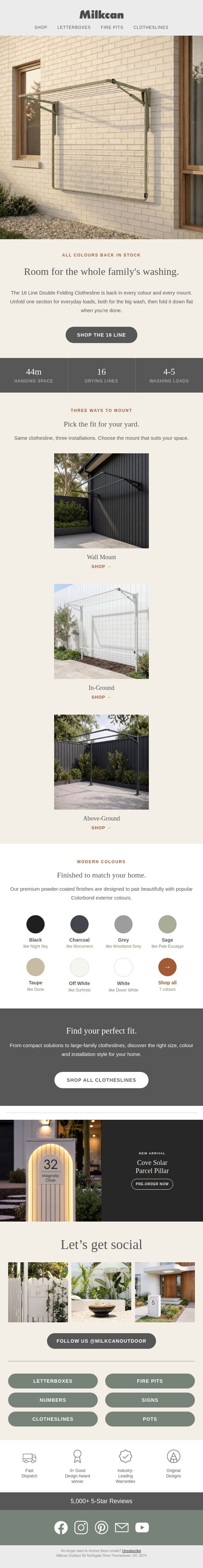 16 Line Clothesline: all colours back in stock 🙌 email from Milkcan Outdoor screenshot