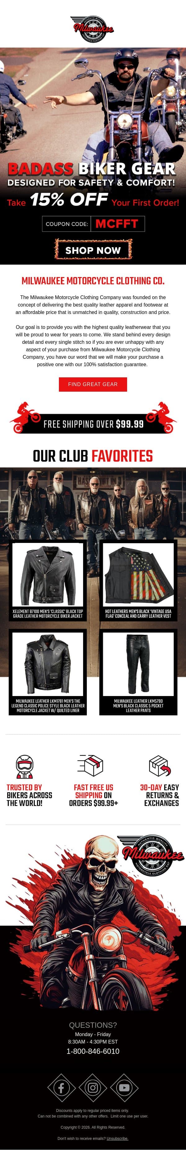 Gear up with us + claim your 15% off email from Milwaukee Leather screenshot