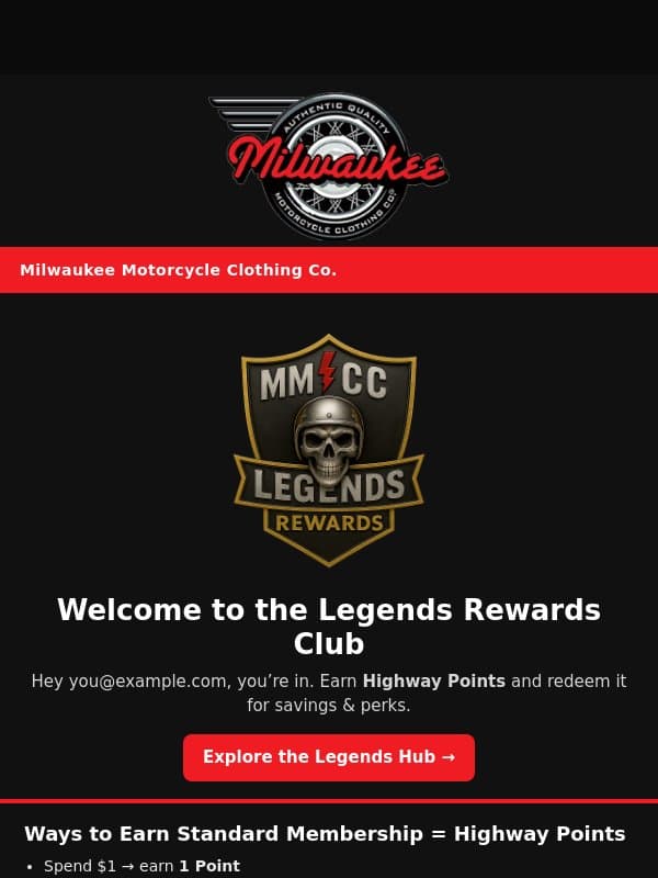 Welcome to our loyalty program! email from Milwaukee Leather