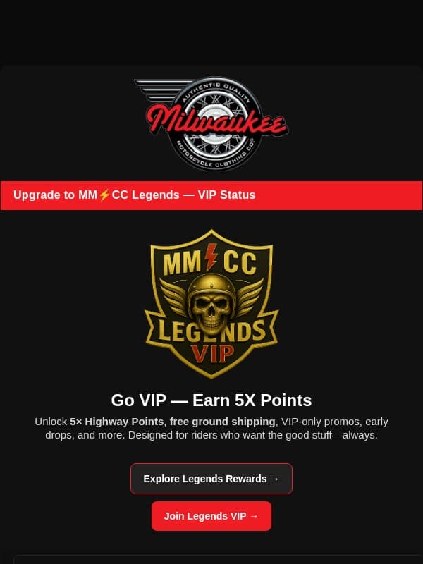 Upgrade to VIP Legends: Exclusive Perks! email from Milwaukee Leather