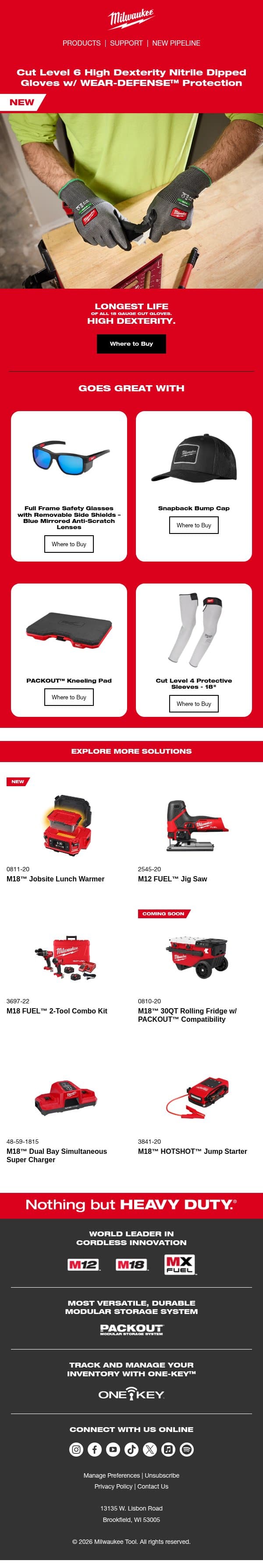 NEW! Cut Level 6 High Dexterity Nitrile Dipped Gloves w/ WEAR-DEFENSE™ Protection email from Milwaukee Tool screenshot