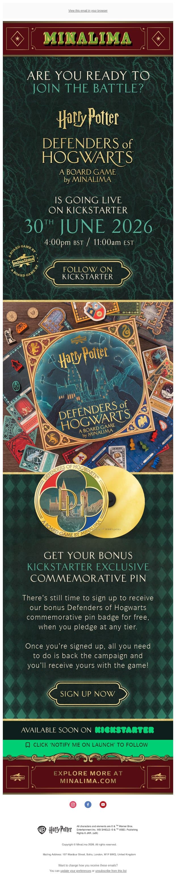 Defenders of Hogwarts launches on Kickstarter in T-5 days! email from MinaLima screenshot