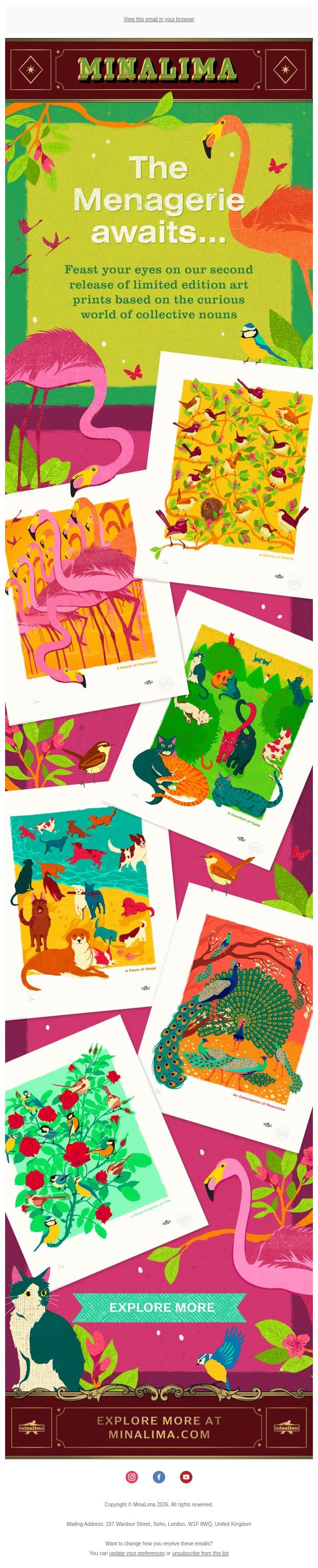 NEW MinaLima Menagerie art prints! 🦩🦚✨ email from MinaLima screenshot