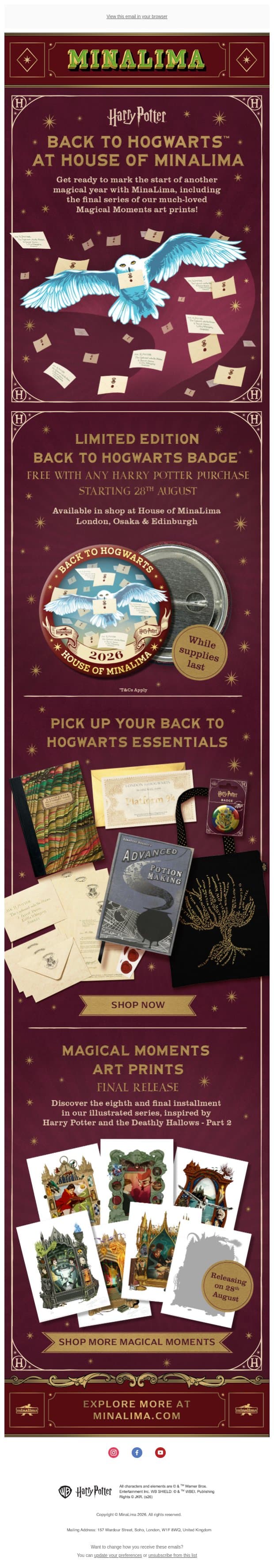 Celebrate Back to Hogwarts 2026! email from MinaLima screenshot