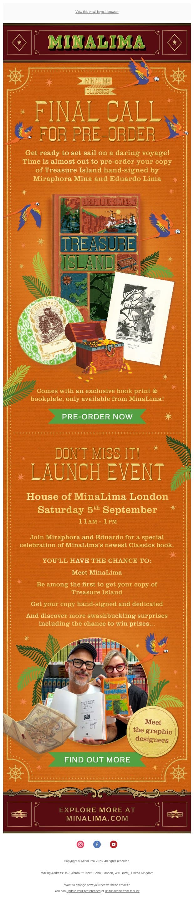 LAST CHANCE to pre-order a signed copy of Treasure Island! email from MinaLima screenshot