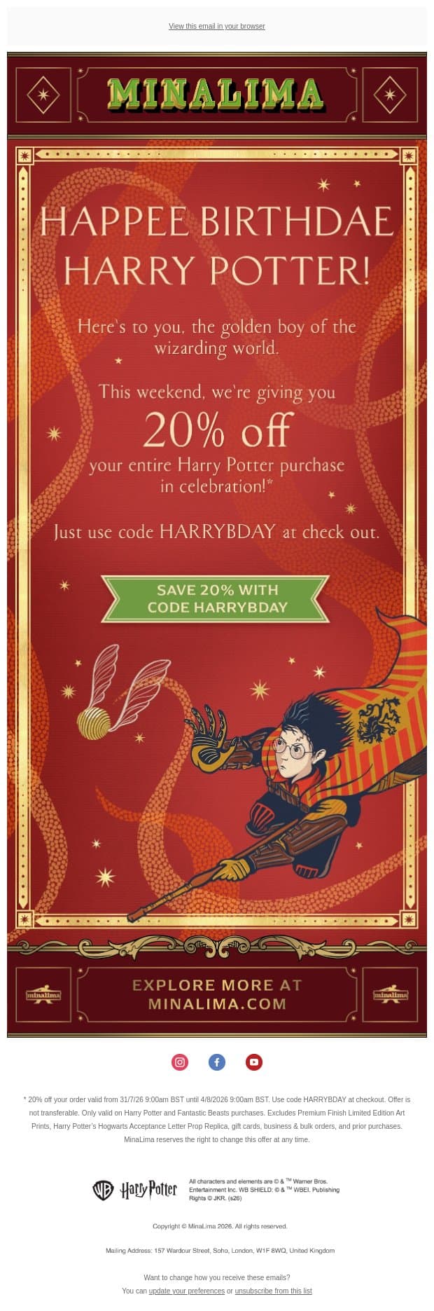Happee birthdae to the Boy Who Lived ⚡ email from MinaLima screenshot