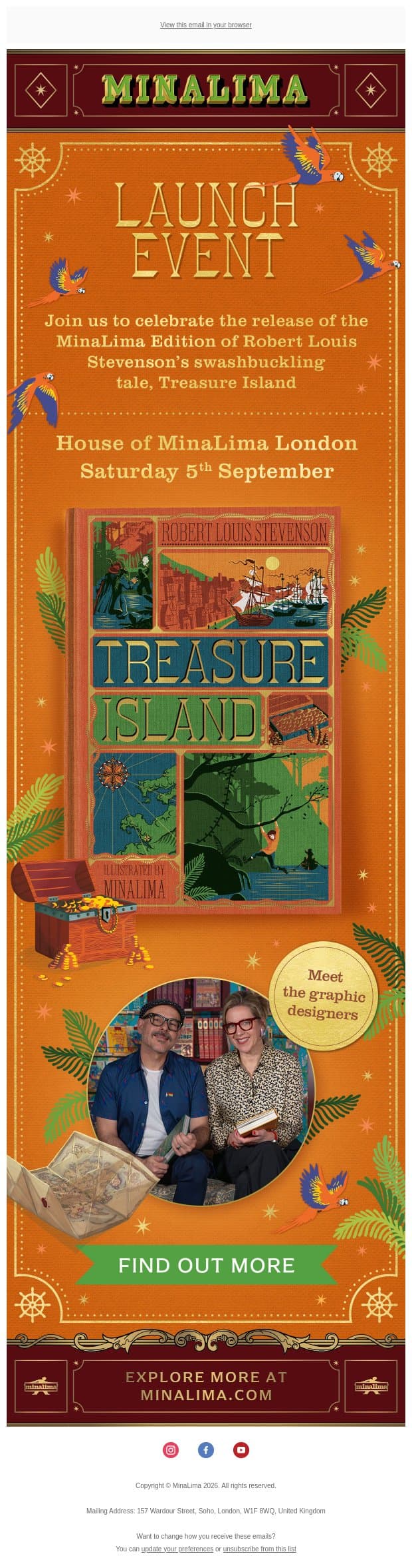 Meet Miraphora and Eduardo at our Treasure Island launch event! email from MinaLima screenshot