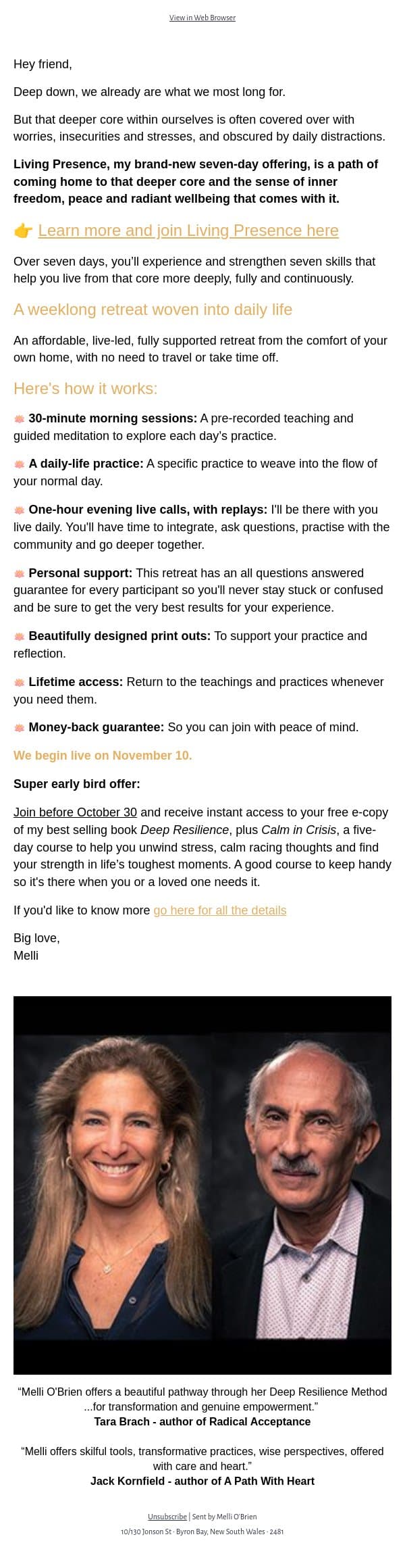 The doors are open: Living Presence email from Mindful screenshot
