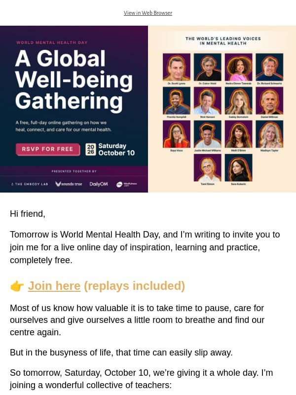Will you join me live tomorrow? Special event for World Mental Health Day. email from Mindful