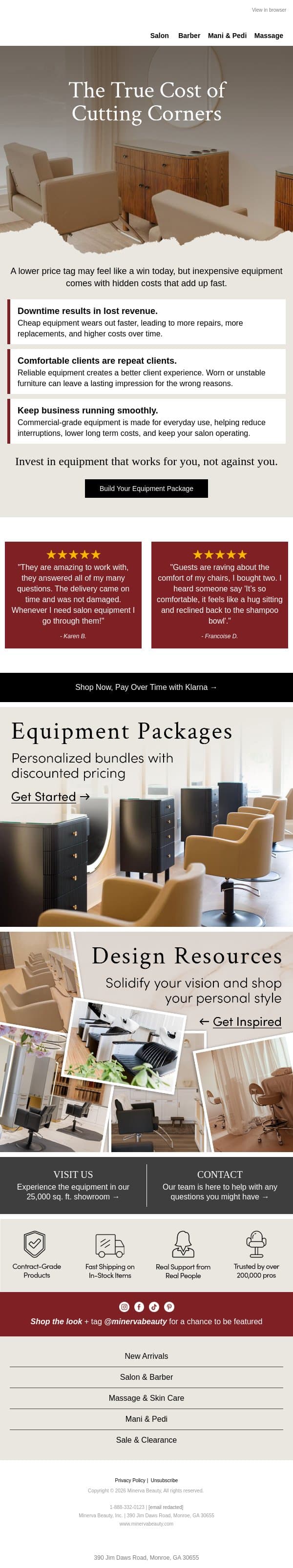 Cheap Salon Equipment Costs More Than You Think email from Minerva Beauty screenshot