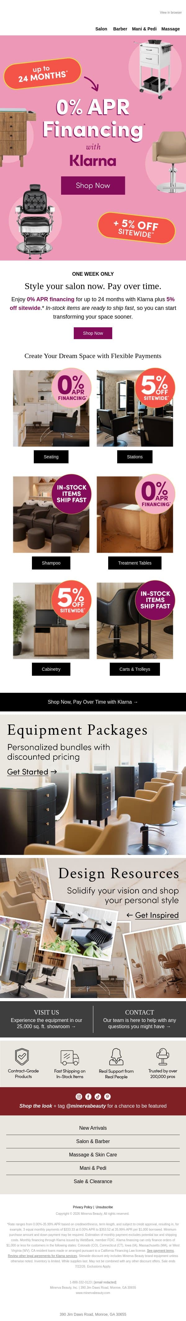 0% APR Financing + 5% Off Sitewide* email from Minerva Beauty screenshot