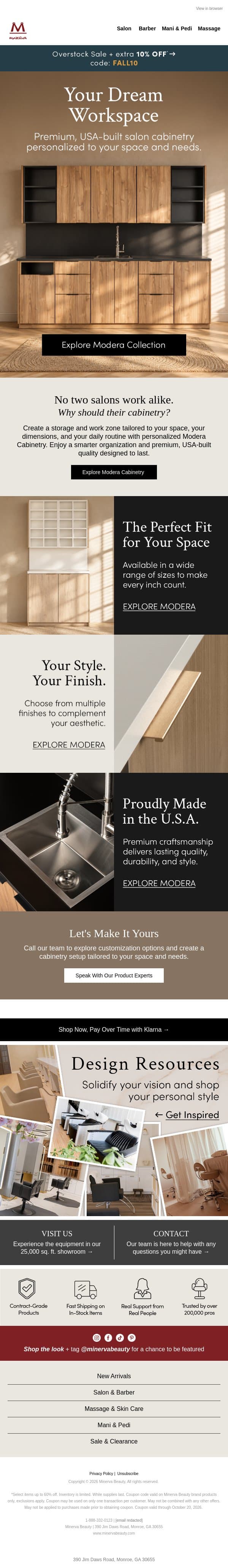 Your space. Your workflow. Your cabinetry. email from Minerva Beauty screenshot