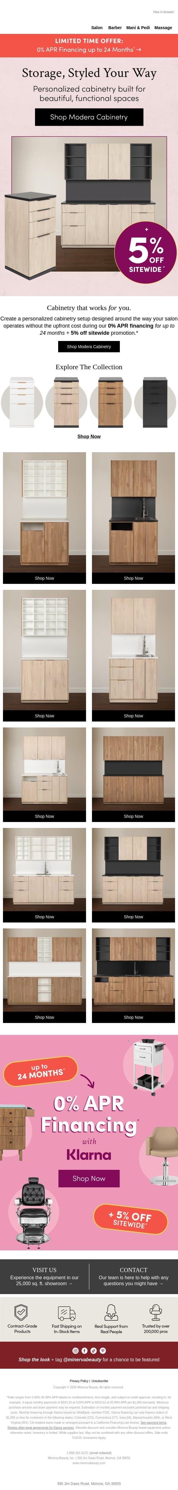 Personalized Cabinetry at 0% APR + 5% Off* email from Minerva Beauty screenshot