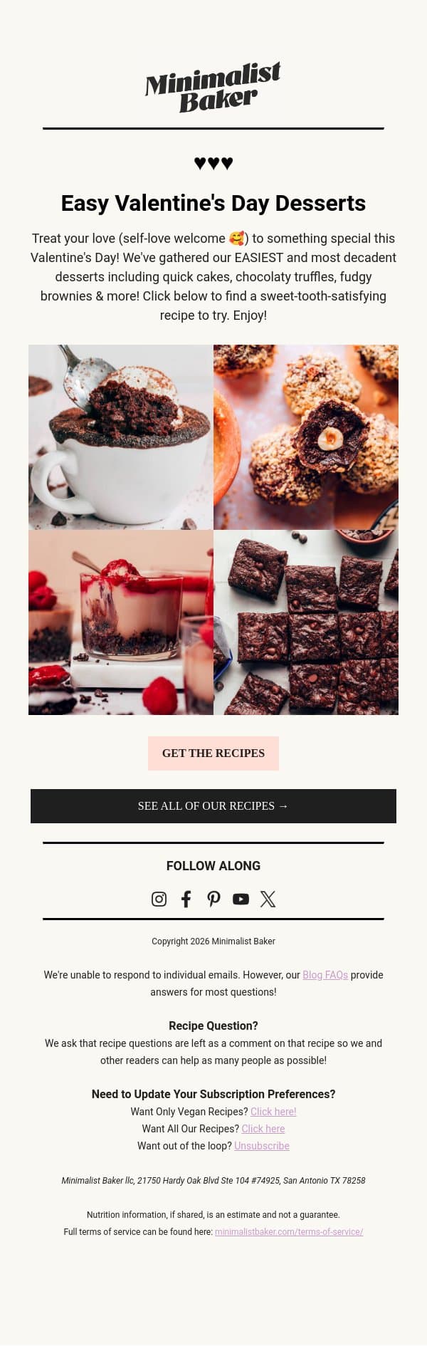 Easy Valentine's Day Desserts ♥️ email from Minimalist Baker screenshot