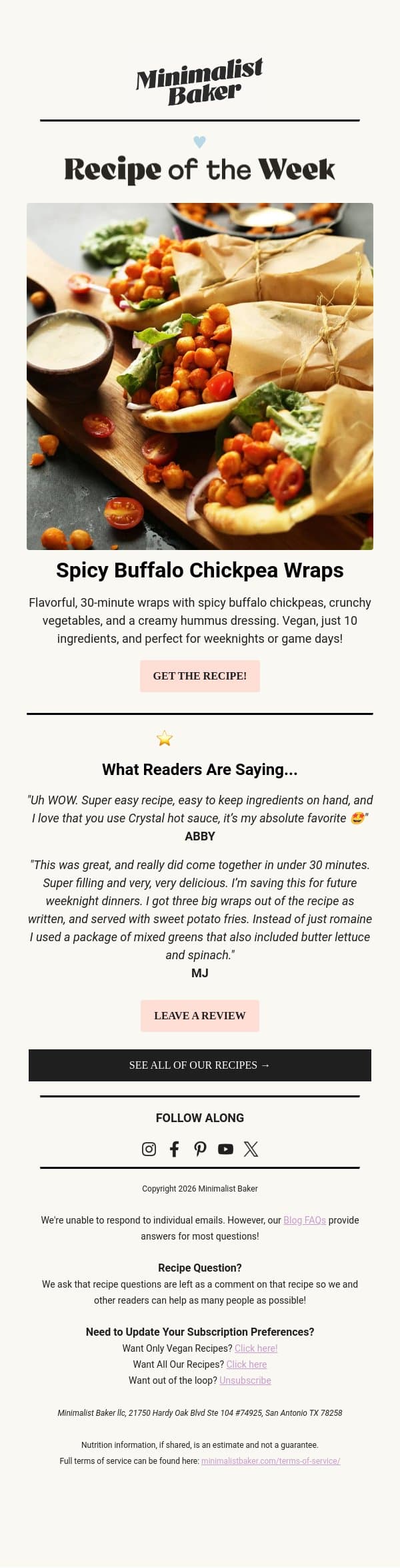 Featured Recipe: Spicy Buffalo Chickpea Wraps email from Minimalist Baker screenshot