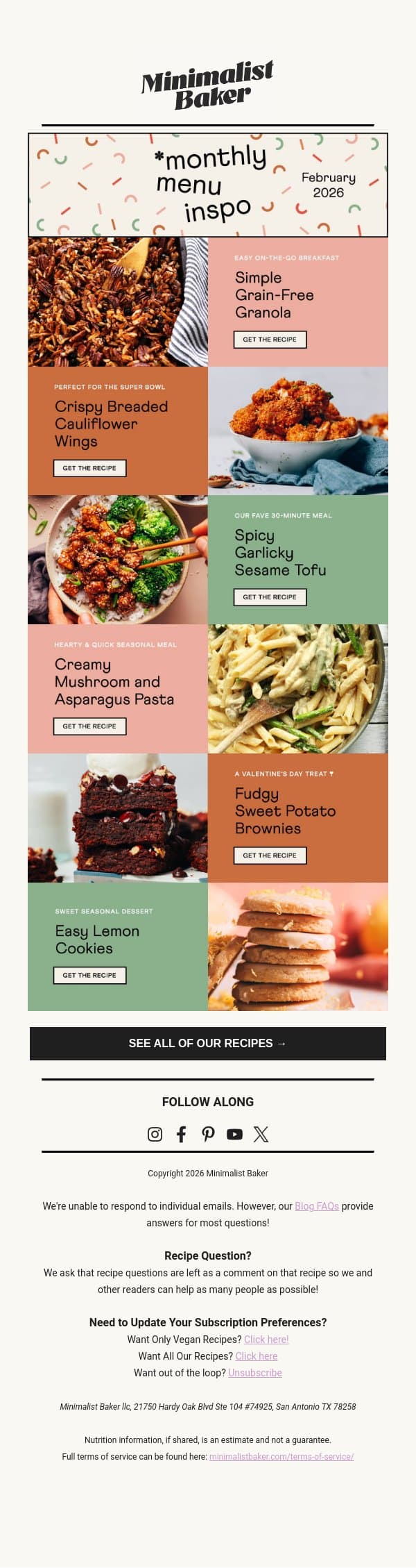 Must-Try February Recipes email from Minimalist Baker screenshot