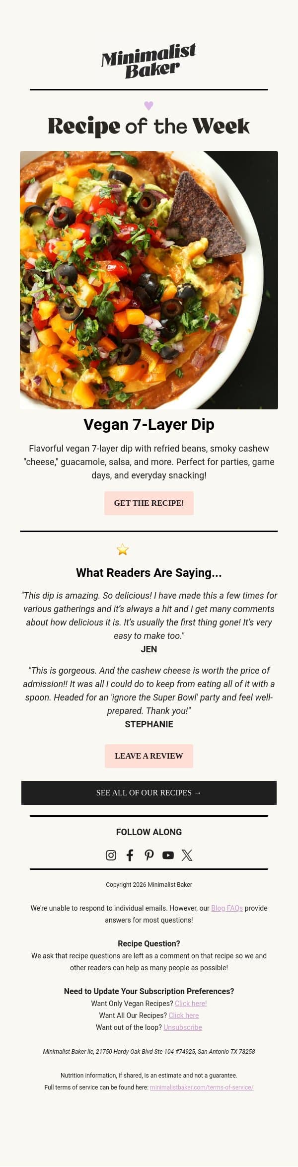 Featured Recipe: Vegan 7-Layer Dip email from Minimalist Baker screenshot
