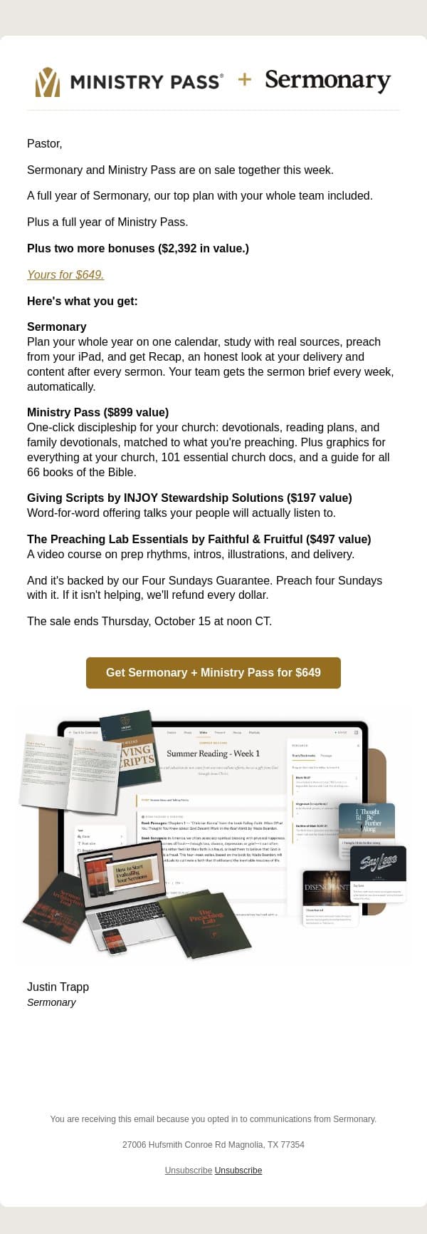 Sermonary + Ministry Pass, together, for $649 email from Ministry Pass screenshot