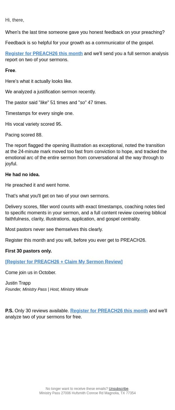 Honest feedback on your preaching email from Ministry Pass screenshot