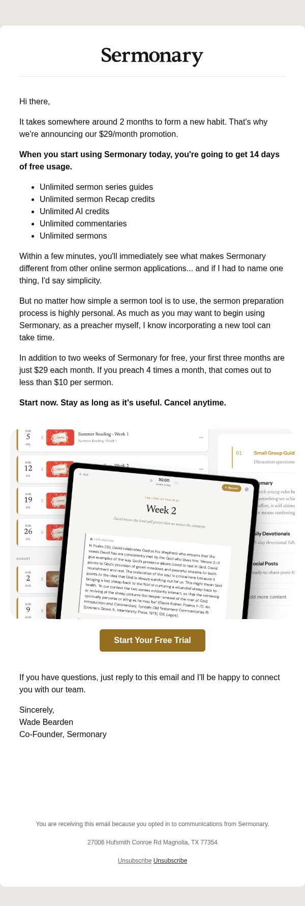 Less than $10 a sermon email from Ministry Pass screenshot