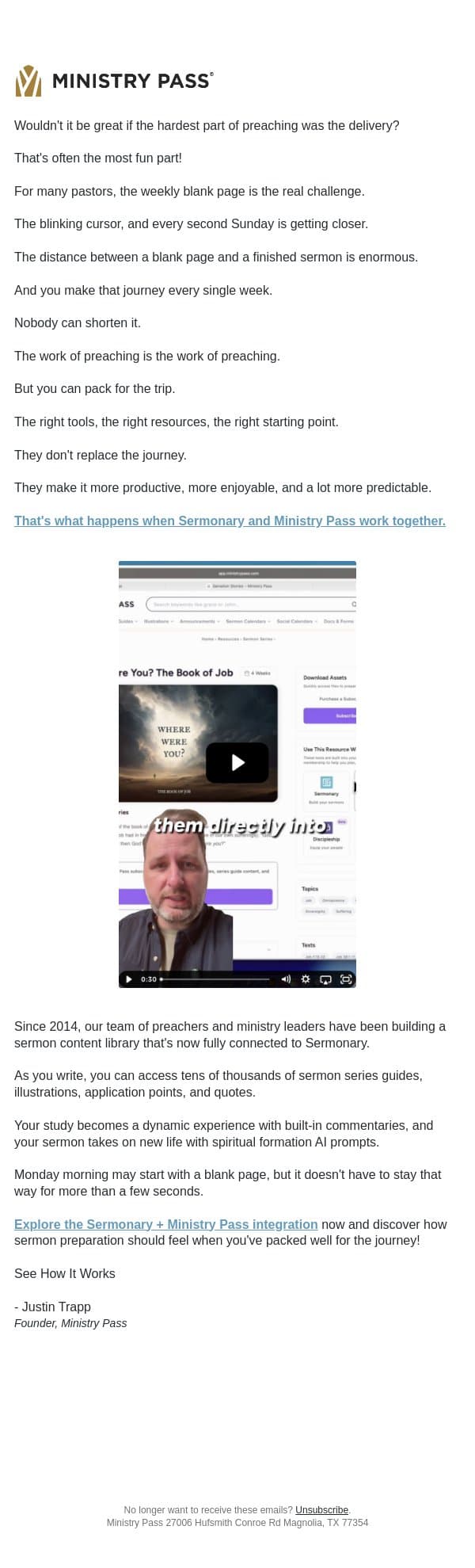 Packing for Your Preaching Journey email from Ministry Pass screenshot