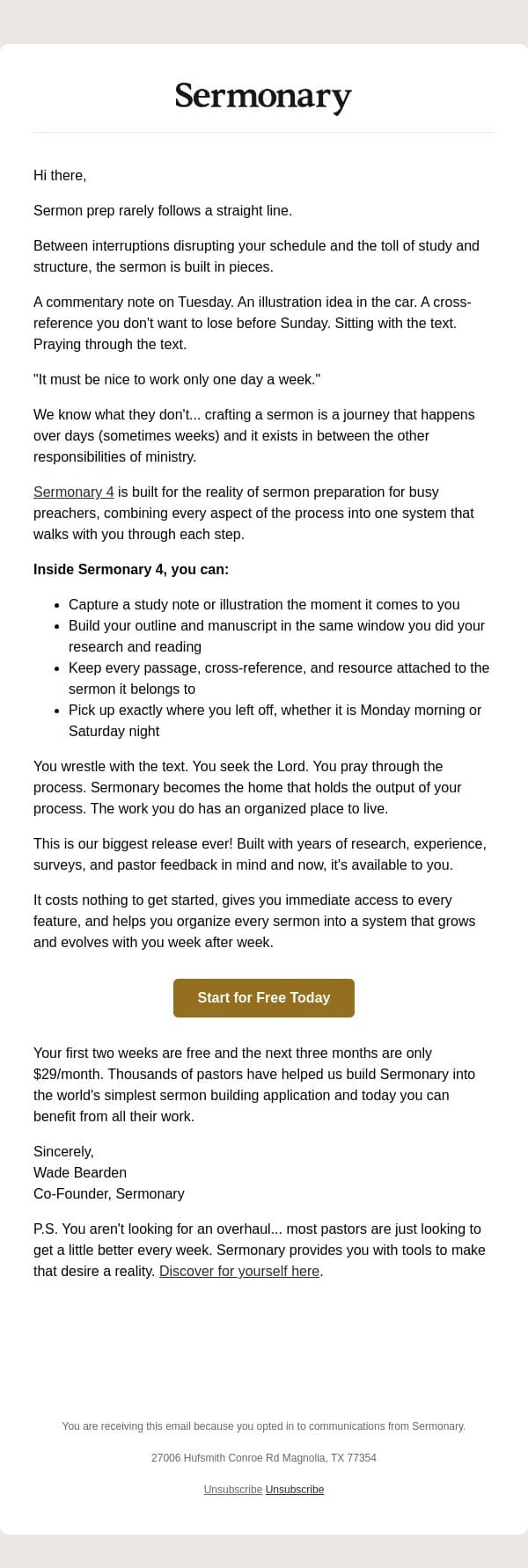 Building in pieces email from Ministry Pass screenshot