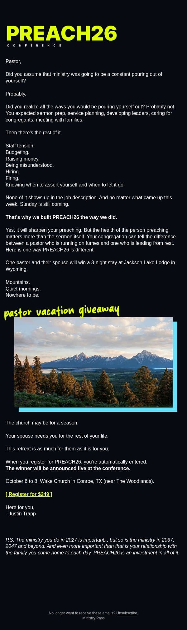 Free Trip to Wyoming email from Ministry Pass screenshot