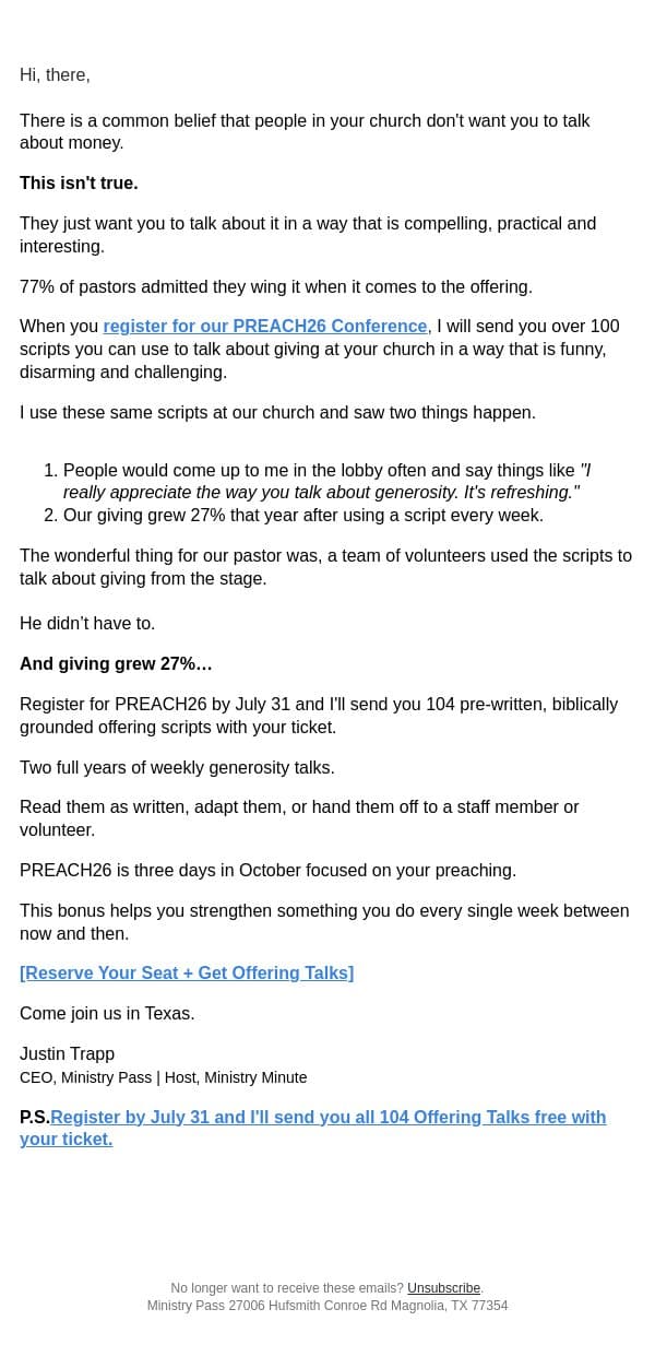 77% of pastors admitted this about giving email from Ministry Pass screenshot
