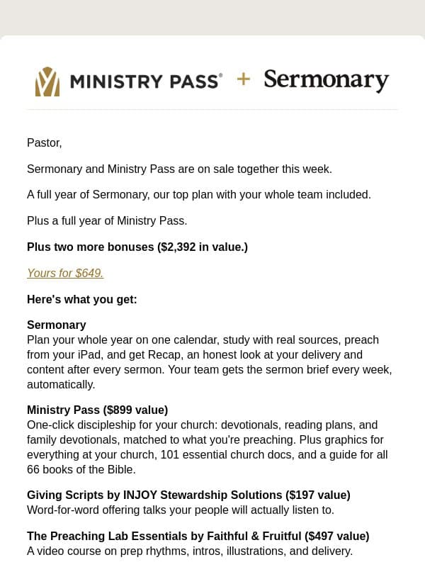 Sermonary + Ministry Pass, together, for $649 email from Ministry Pass