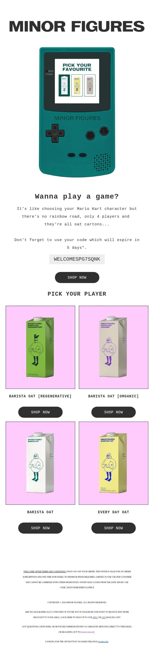 PICK YOUR PLAYAAA 🎮 email from Minor Figures screenshot