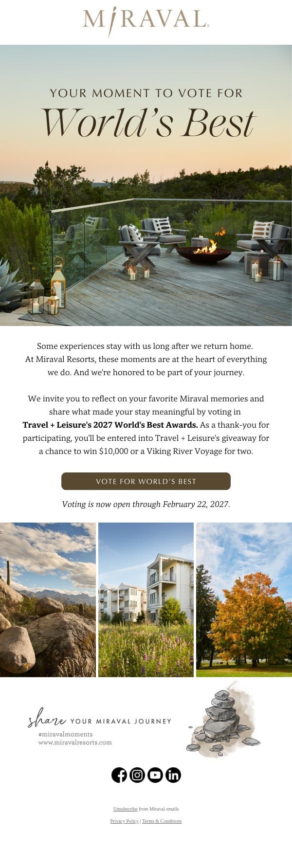 Your Miraval Story Deserves to Be Celebrated: Vote in the Travel + Leisure 2027 Awards email from Miraval Arizona screenshot