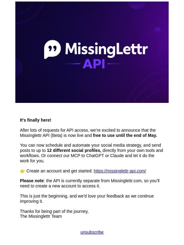 π The Missinglettr API Beta Is Live β Free Until May 31, 2026 email from Missinglettr screenshot