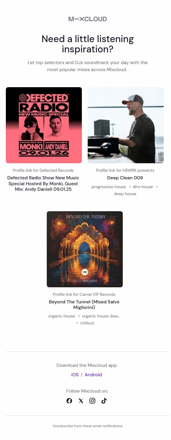 Stuck for something new to listen to? 👀 email from Mixcloud screenshot