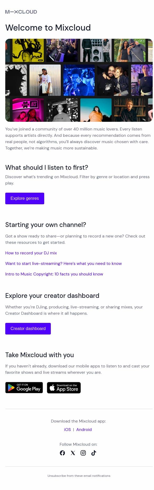Welcome to Mixcloud! email from Mixcloud screenshot