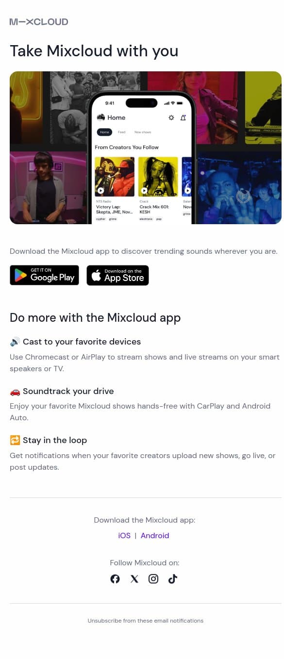 Take Mixcloud with you - Download the app today 📲 email from Mixcloud screenshot