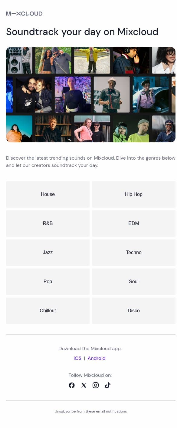Soundtrack your day on Mixcloud 🎶 email from Mixcloud screenshot