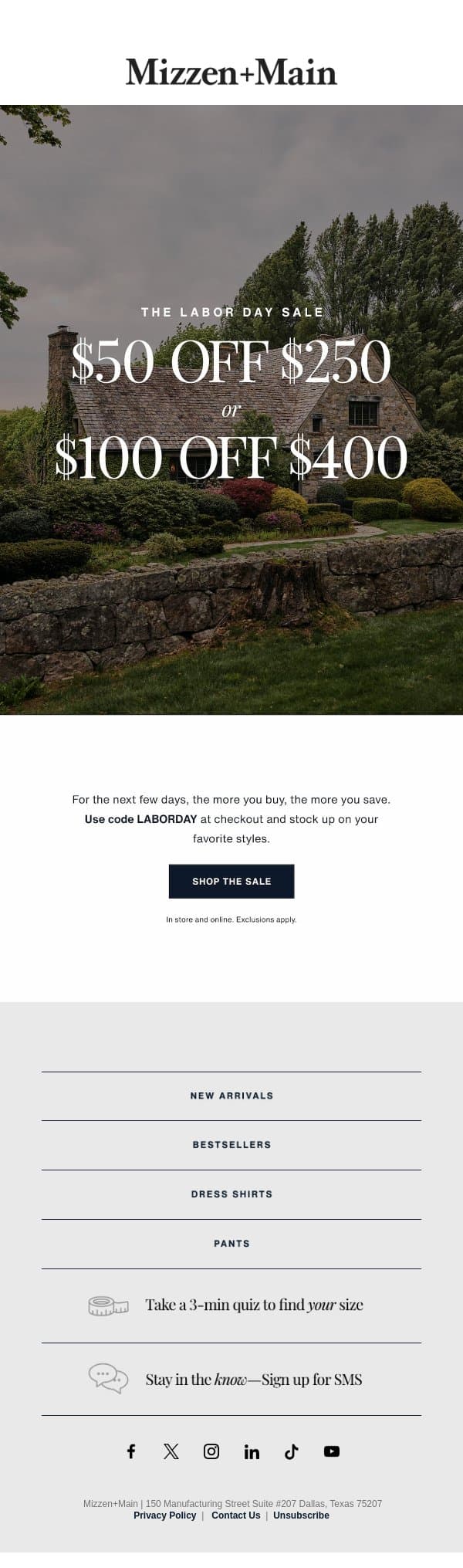 Get up to $100 off email from Mizzen+Main screenshot