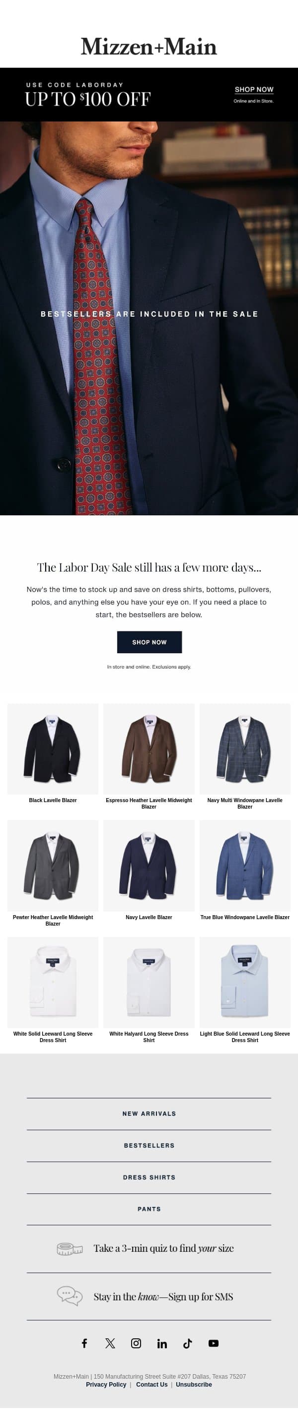 Get $100 off our bestselling blazer email from Mizzen+Main screenshot