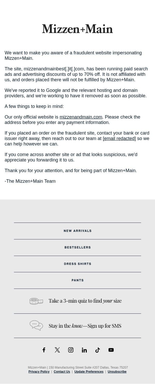 An important update from Mizzen+Main email from Mizzen+Main screenshot