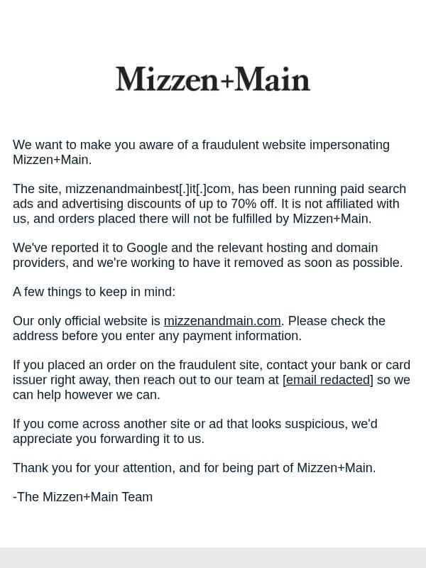 An important update from Mizzen+Main email from Mizzen+Main